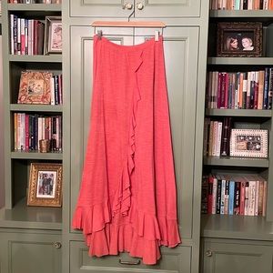 Free People FP Beach coral maxi skirt, size S, elastic waist, flounce ruffle hem